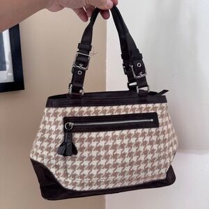 Coach Hampton Houndstooth Wool Leather Tote Bag Brown Tan 8E88